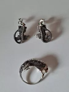 925 Sterling Silver Ring & earrings Marcasite mexico 3D Iguana Lizard - Picture 1 of 18