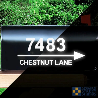 Calcomanía reflectante de dirección de buzón de correo, nombre de calle flecha personalizado 4"h x 10"w - #1338R Foto 1 de 4