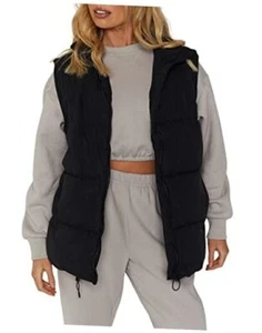 Womens Zip Up Puffer Vest Stand Collar Sleeveless Padded Jacket Medium Black - Picture 1 of 7