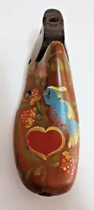 VINTAGE CHILD'S WOODEN SHOE LAST HAND PAINTED BLUE BIRD HEARTS STRAWBERRIES 6.5" - Picture 1 of 7