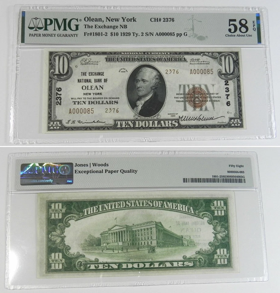 Olean NY $10 1929 Ty. 2 Exchange National Bank Ch. # 2376 PMG 58 EPQ, A000085 - Image 1 of 1