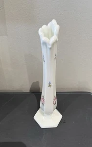 Vintage Painted Milk Glass Bud Vase Pink Roses Six Sided - Picture 1 of 12