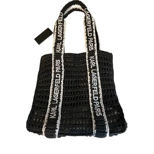 Karl Lagerfeld Tote Bag Black Antibes Straw Tote Purse 12 x 13 x 5 NWT - Picture 1 of 8