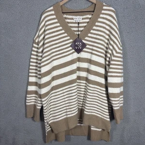 Neu mit Etikett Ava & Viv gestreifter flauschig weicher Damenpullover V-Ausschnitt hellbraun & weiß 2X - Bild 1 von 6