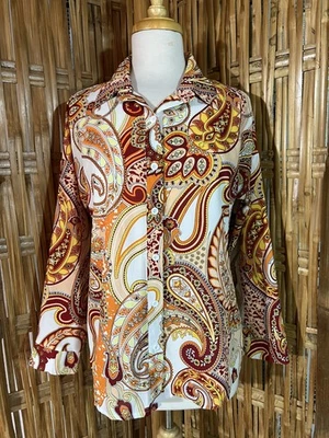Blusa feita à mão década de 1960 psicodélica Paysley laranja branca hippie Mod G - Imagem 1 de 4