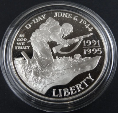 1993-W World War 2 D-Day Proof Silver Dollar 1991-1995 WWII Capsule - Image 1 of 4