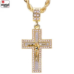 Men's 14k Gold Plated Iced Jesus Cross Pendant 24" Rope Chain HC 2053 G - Picture 1 of 4