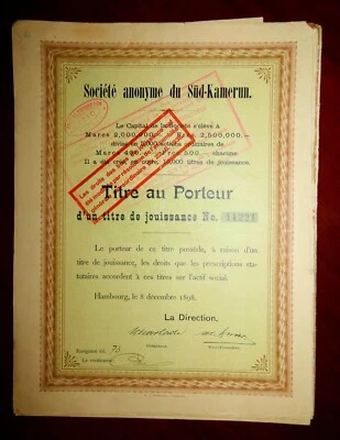 Société anonyme du Süd-Kamerun, Hamburgo 1898 certificado de acciones Foto 1 de 3