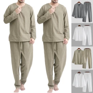 Conjunto de pijama suelto informal de lino de algodón de manga larga para hombre - Imagen 1 de 15