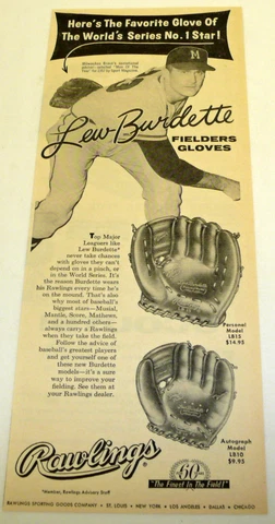 1958 Rawlings baseball glove ad ~ LEW BURDETTE ~ Milwaukee Braves Cover