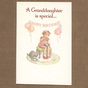 Tarjeta de cumpleaños vintage amorosa para nieta, niña gata de Kathy Lawrence 1978 - Imagen 1 de 6