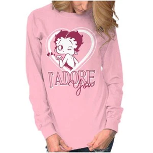 Betty Boop J'Adore You Heart Kiss Cartoon Long Sleeve T Shirt Tees For Women - Picture 1 of 8