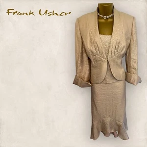 Frank Usher Mujer Oro Pálido Brillo 3 Piezas Ocasión Falda Traje EE. UU. 10 UK 14 - Imagen 1 de 6