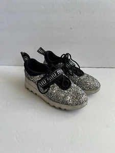 MIU MIU silver glitter logo strap low top runner sneaker  SZ 6.5 - Picture 1 of 4