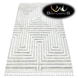Amazing Modern Rug "SEVILLA" structural labyrinth fringe WHITE GREY High Quality
