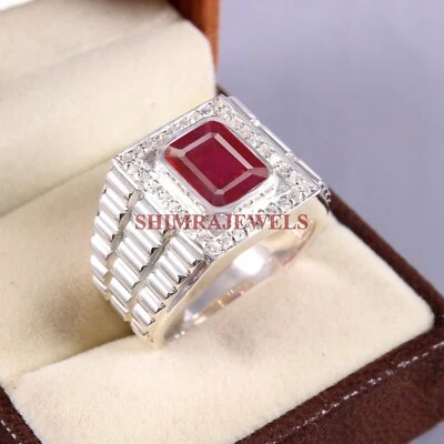 Heizbar Rubin Edelstein Mit 18K Weiß Vergoldet Silber Herren Ring #301 - Bild 1 von 4