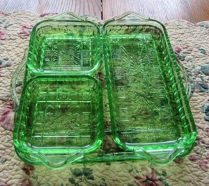 Doric Handled Relish Tray Set of 4, Green Depression - Picture 1 of 11