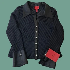 NWT JS Collections Blouse Women P14 Black Sheer V Neck Cuffed Sleeve MSRP $145 - Picture 1 of 13