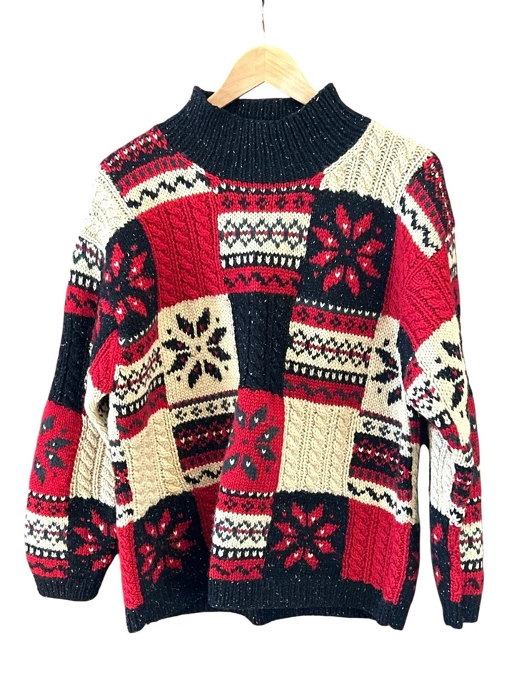 Suéter de Lana Copo de Nieve Vintage Jones New York Holiday Patchwork PM Tejido a Mano Foto 1 de 4