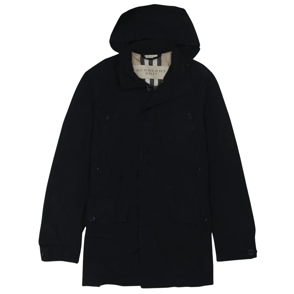 Burberry Black Hooded Jacket Women’s Medium Zip Pockets Check Lining Parka - Image 1 of 4