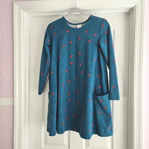 Hanna Andersson Apple Print Dress Size 160 Girl's 14-16 Blue Long Sleeve A-Line - Picture 1 of 5