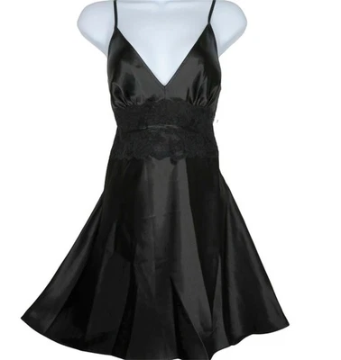 Vintage Jones New York Black Satin Lace Slip Nightgown Large Brocade Lace Waist - Image 1 of 4