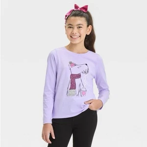 Girls' Long Sleeve 'Pup' Graphic T- Shirt - Cat & Jack Lavender M (8) 031590 - Picture 1 of 6
