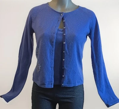 De Colección Caballete 100% Cachemira Conjunto Doble Cami y Cárdigan Diseño Tolle Azul Para Mujer Talla S Foto 1 de 4