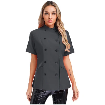 Women Coat Collar Tops Double-Breasted Jacket Hotel Chef Stylish Cross-Over - Image 1 of 3