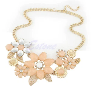 New Lady Fashion Colorful Resin Big Flower Golden Chain Choker Bib Necklace - Picture 1 of 2