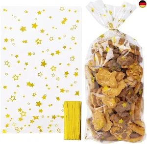 100 Stk 18x30cm Gold Sterne Cellophantüten Weihnachten Plätzchentüten Kekstüten  - Bild 1 von 6