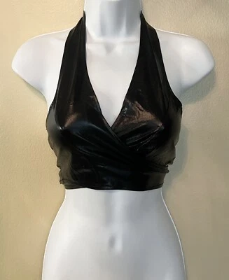 De colección BEBE Rare2Find Y2K Negro Vegano Cuero Envolvente Top Recortado S Foto 1 de 4