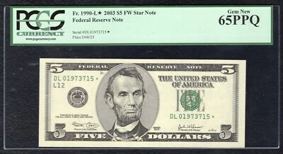 FR. 1990-L* 2003 $5 FW *STAR* FRN SAN FRANCISCO, CA PCGS GEM UNC-65PPQ - Image 1 of 2