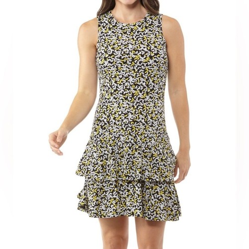 Abito flounce Michael Kors nero giallo farfalla senza maniche flutter taglia 3X