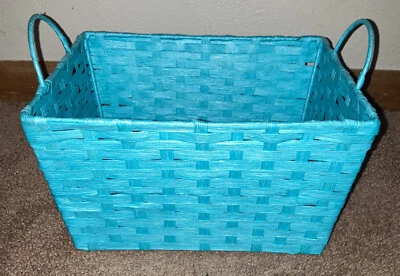 Aqua Woven Basket w/ Handles Colored Reed Storage Holder Home Decor Turquoise - Image 1 of 4