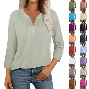 Women's 3/4 Sleeve Cotton Linen Blouses Tunic T Shirt Solid Color Comfy Tops - Picture 1 of 72