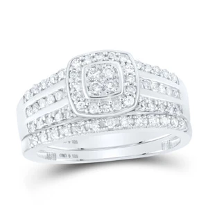 Sterling Silver Round Diamond Square Bridal Wedding Ring Band Set 1/2 Cttw - Picture 1 of 1
