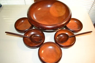 Handmade Haitian Mahogany MCM Wooden Salad Bowls & Utensils Set of 8 - Image 1 of 4