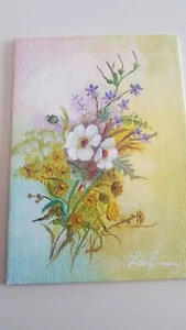 CANVAS PANEL OIL PAINTING PICTURE/HANGING/PLAQUE FLOWERS/ YELLOW BACKGROUND - Picture 1 of 4