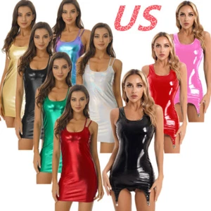 FEESHOW AU Woman Wet Look Bodycon Mini Dress Shiny Leather Backless Nightclub - Picture 1 of 78