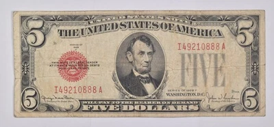 1928-F $5 concurso legal selo vermelho Estados Unidos nota média Circ *1482 - Imagem 1 de 4