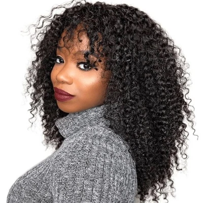 Afro Kinky Curly Wig With Bangs Curly No Lace Front Human Hair Wigs for Women - Image 1 of 4
