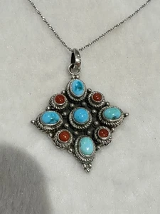 Vintage Navajo Silver And Turquoise Pendant 925 Necklace Chain - Picture 1 of 14