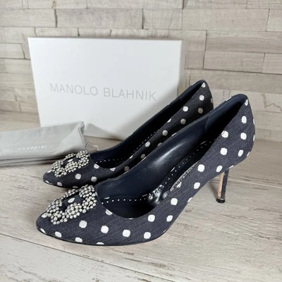 Zapatos de tacón Manolo Blahnik Hangisi para mujer talla 39,5 jacquard denim negros a lunares Foto 1 de 4