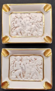 Pair Vintage Italian Porcelain Ashtrays Trinket Catchall Vanity Trays Gold Trim - Picture 1 of 8