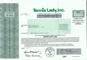 TENNIS LADY, INC. 1988 AKTIENZERTIFIKAT UNGESTEMPELT 127 AKTIEN - Bild 1 von 2