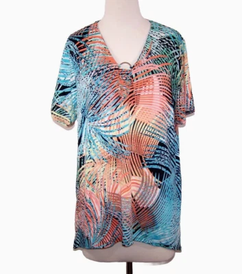 Рубашка BonWorth топ размер PL эластичная с коротким рукавом асимметричный подол тропический цветочный узор - Изображение 1 из 4