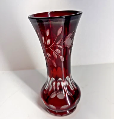 Ruby Red Stained Glass Vase Cut To Clear Design 7” - Image 1 of 4