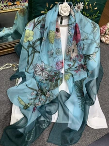 Pure Chiffon Silk Wrap Scarf Sarong Beach Hand rolled Flower Print Thin 140cm - Picture 1 of 23