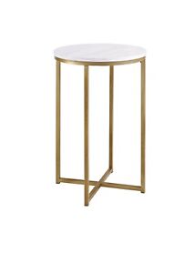 16" Modern Round White Faux-Marble End Table with Gold Base